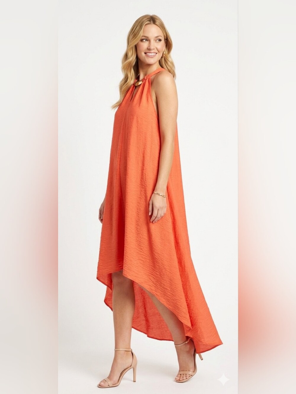 H&M Conscious Collection Orange Halter High-Low Maxi Dress Gold Hardware Sz 12